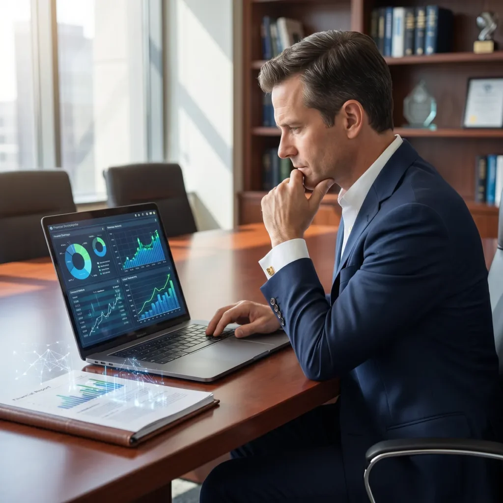 Executive studying a sales reporting dashboard on his laptop in a conference room