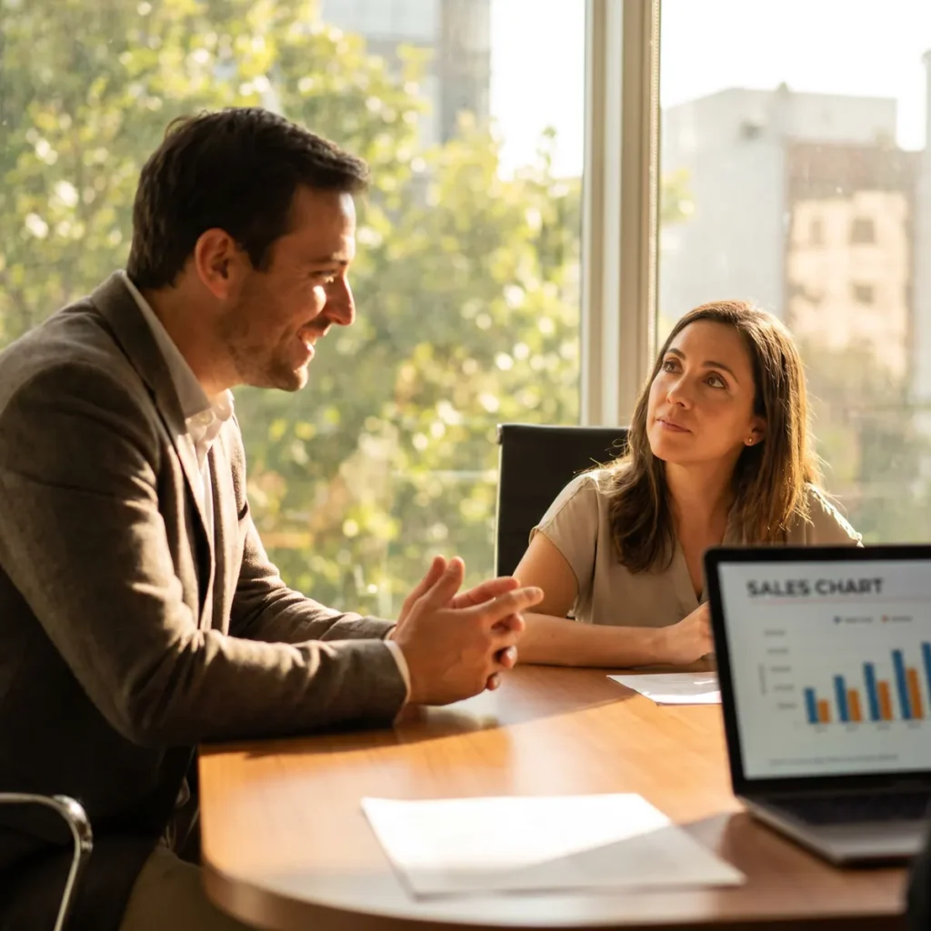 Sales coach and rep talking through a stalled deal beside a laptop showing a sales chart