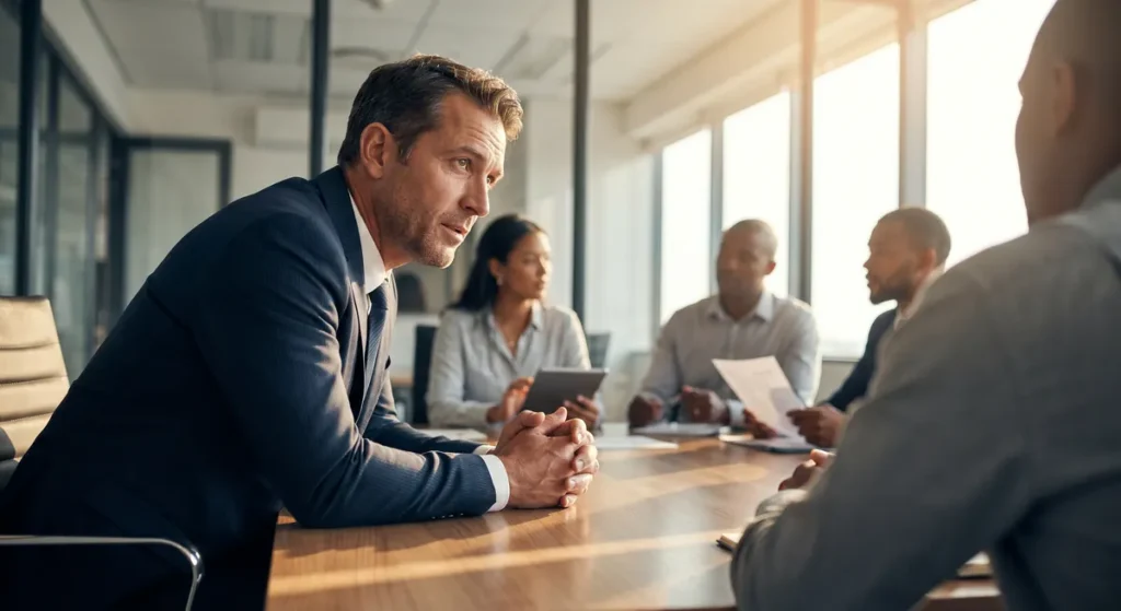 Sales executive listening closely during a meeting with several stakeholders around a conference table