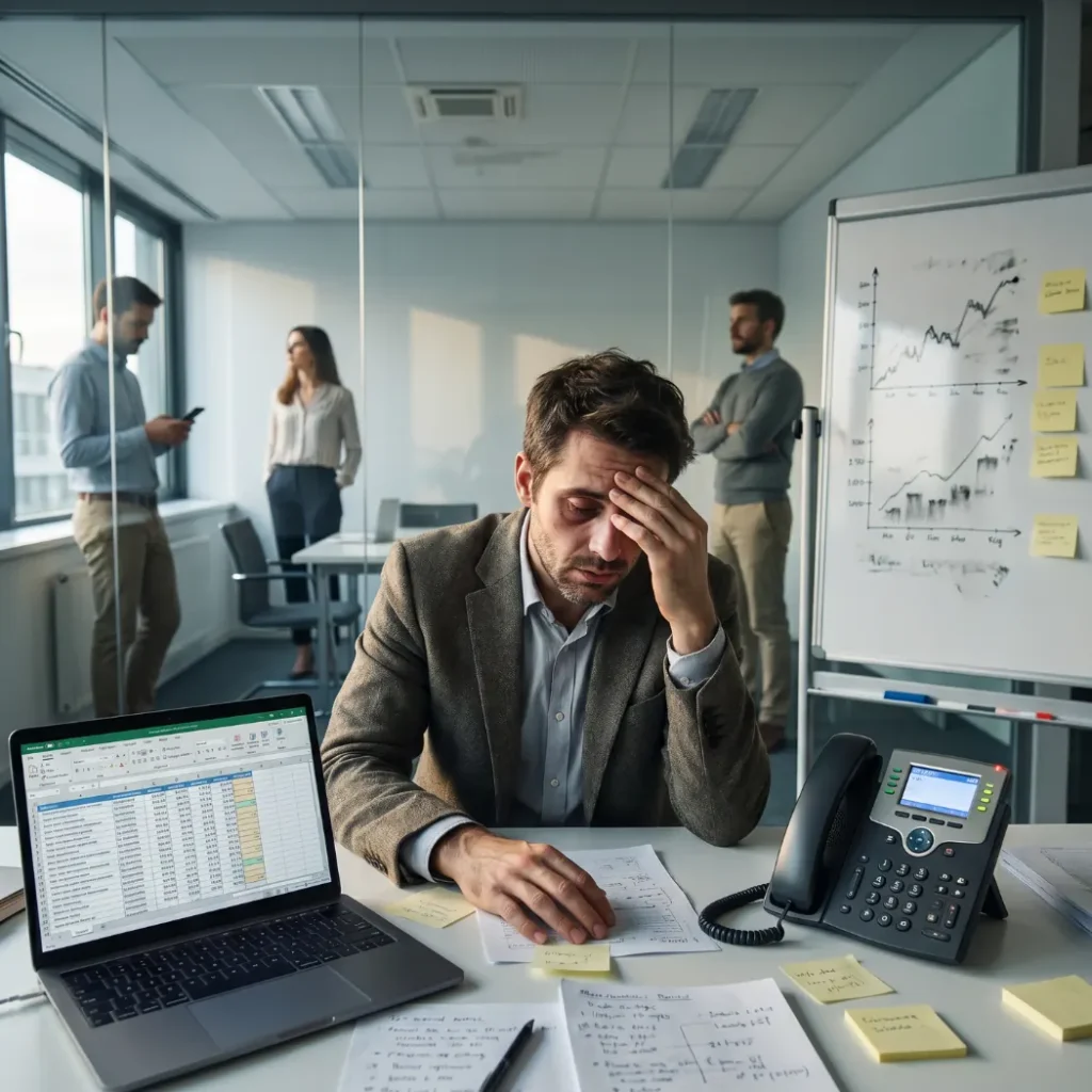 Overwhelmed player coach holding his head at a desk with a spreadsheet, phone, and sticky notes