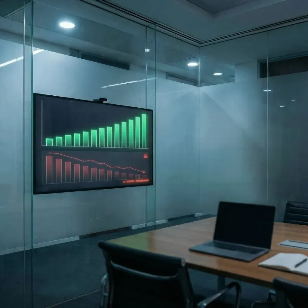 Empty conference room with a wall screen showing strong sales bars above a declining red trend