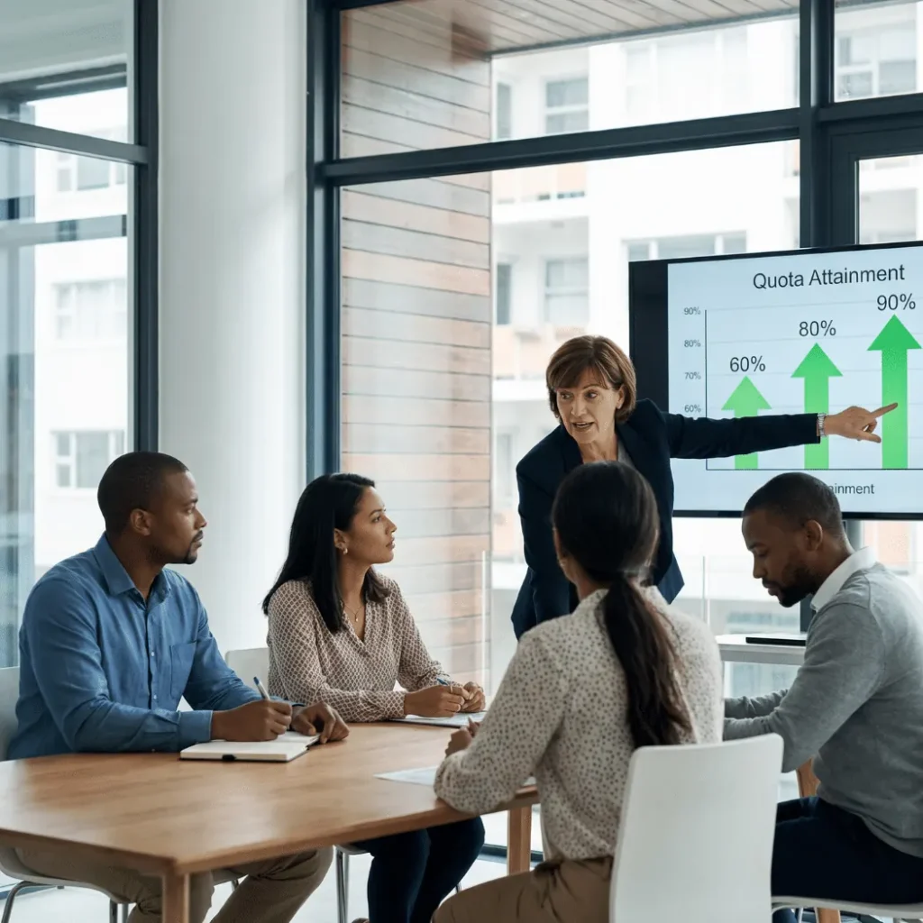 Sales team meeting around a table while a leader points to a rising quota attainment chart