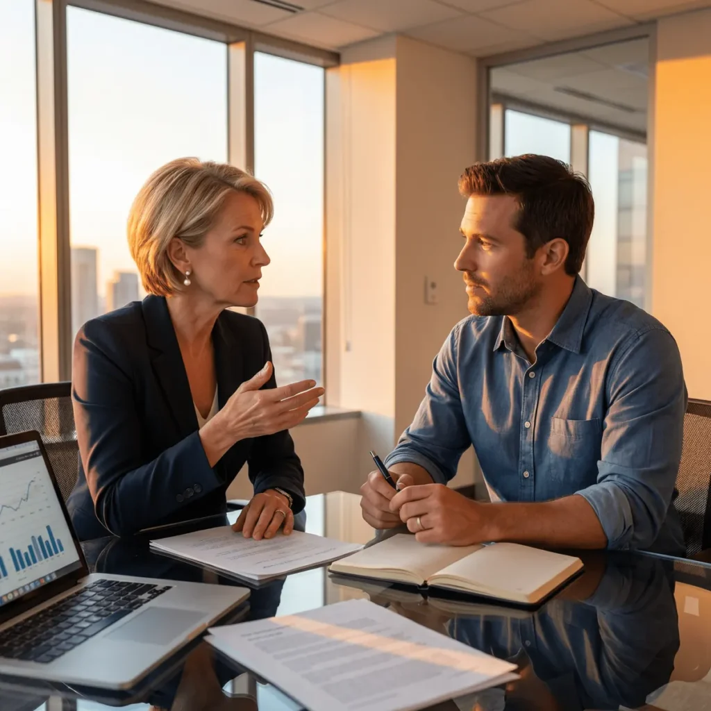 Hiring manager interviewing a sales candidate across a desk in a sunlit office