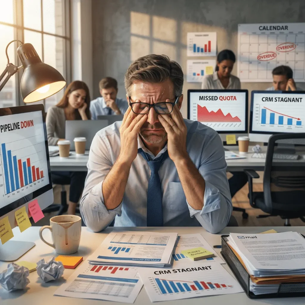 Exhausted sales manager rubbing his eyes in front of screens reading missed quota and pipeline down