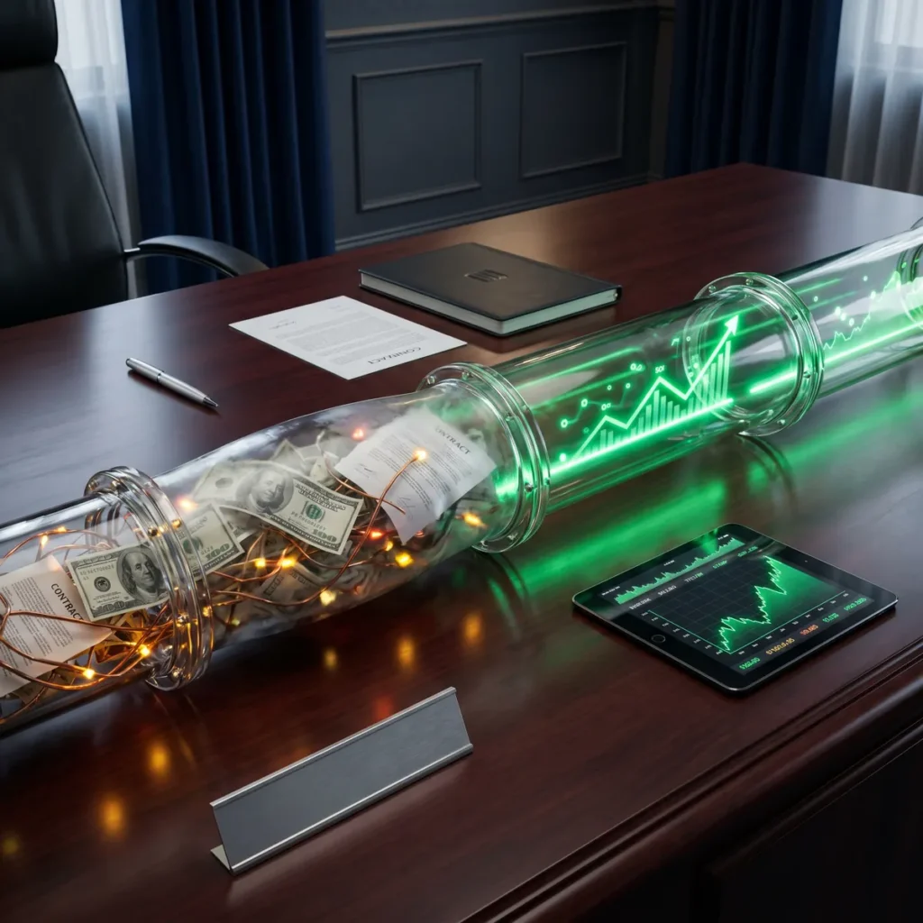 From Bloated To Bankable: What Your Cfo Needs To See In Your Pipeline 24 Glass pipeline tube packed with cash on an executive desk beside a tablet showing a growth chart