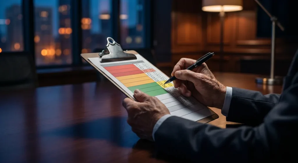 Executive marking a red, yellow, and green diagnostic scorecard on a clipboard