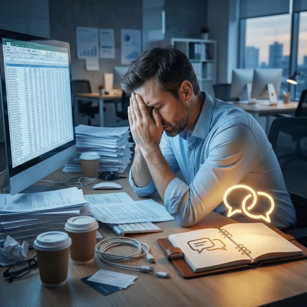Frustrated sales rep with his head in his hands at a desk covered in lead spreadsheets and coffee cups