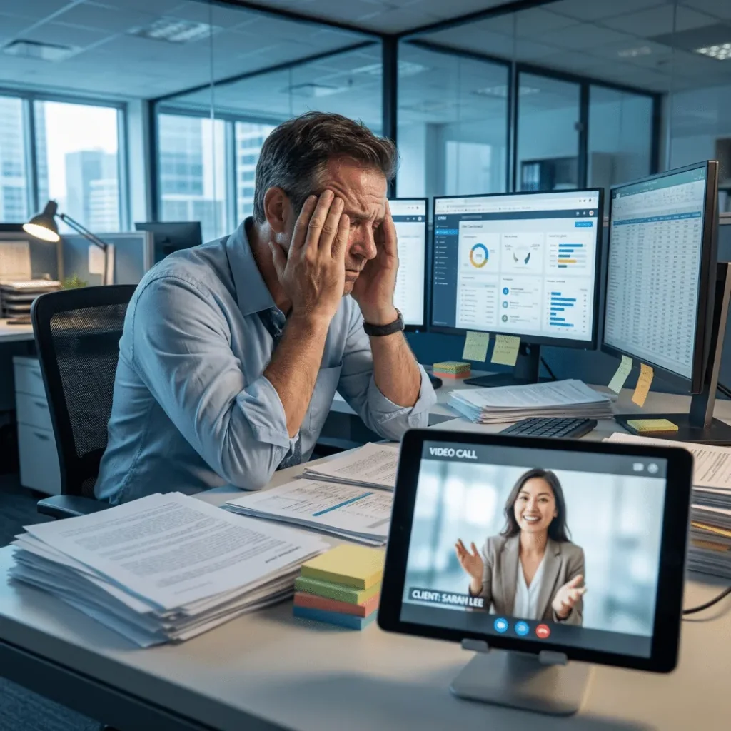 Stressed manager holding his head at a desk during a video call shown on a tablet