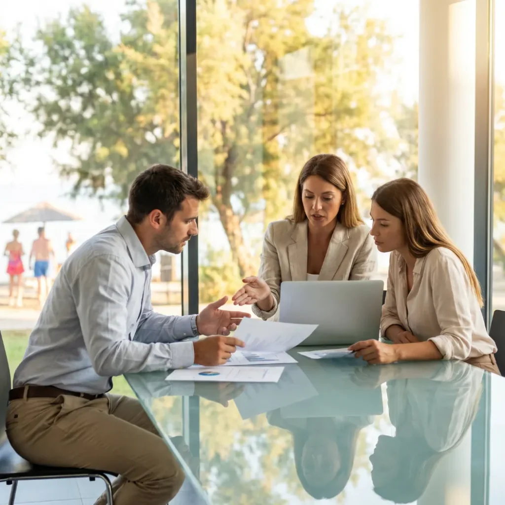 Three sales colleagues reviewing deal documents at a glass table beside a sunny summer window