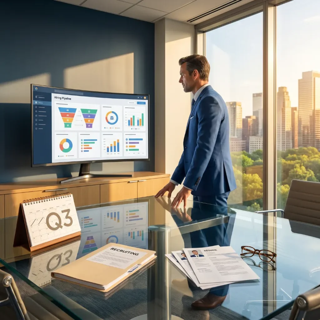 Sales leader looking over a city skyline beside a hiring dashboard and a q3 desk calendar