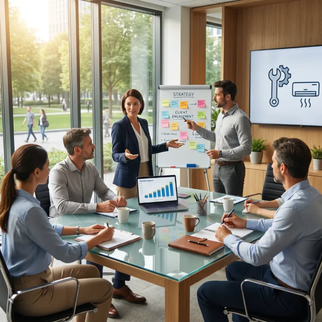 Sales team training session in a bright office with a facilitator at a planning board